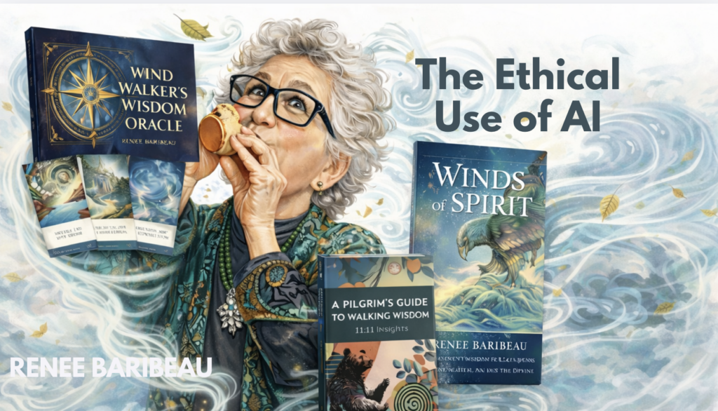 Illustrated portrait of Renee Baribeau holding a wind whistle, surrounded by swirling wind, leaves, and her books, representing shamanic wisdom, creativity, and the elements.