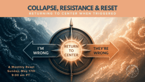 A wide banner showing a glowing compass between stormy blue clouds and warm golden light. Two arrows point in opposite directions reading “I’m Wrong” and “They’re Wrong.” In the center, glowing text reads “Return to Center,” symbolizing finding balance after self-doubt or blame.